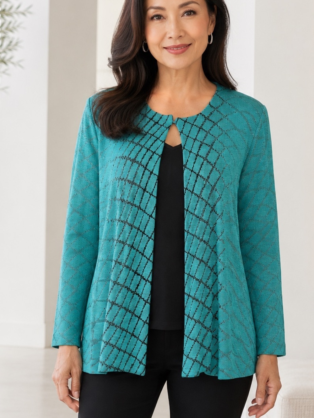 Ming Wang XL Turquoise Black Abstract Knit Open Front Cardigan Jacket Office